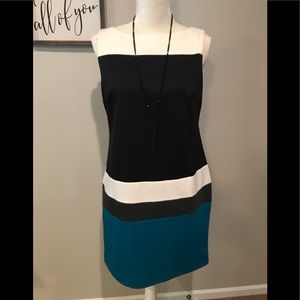 Blk/Teal/Wh/Gray Striped Sheath Dress. NWOT. Sz 8